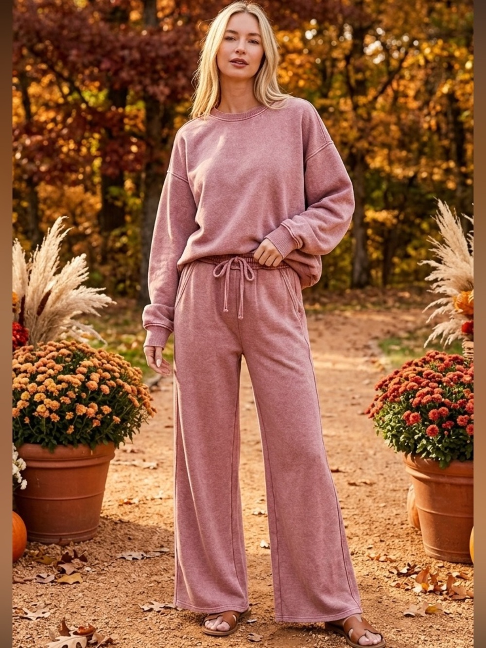 398 1 left Zenana ACID WASH FLEECE PALAZZO SWEATPANTS POCKETS AND TOP
